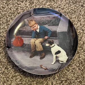 Vintage Decorative Plate with Boy and Dog Illustration - Blue, White, Brown